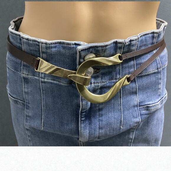 Chico's Accessories - Vntg Chicos Adjustable Skinny Brown Leather Gold Hook Belt Sizes S-M RN #79984